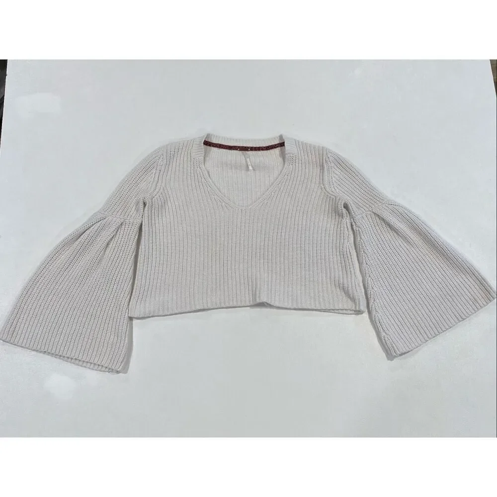 Free People Cream Cropped Bell Sleeve Sweater Women XS Boho Knit V Neck Top